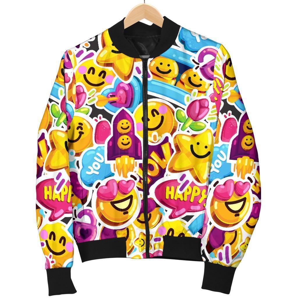 Pattern Print Emoji Women Casual Bomber Jacket-grizzshop