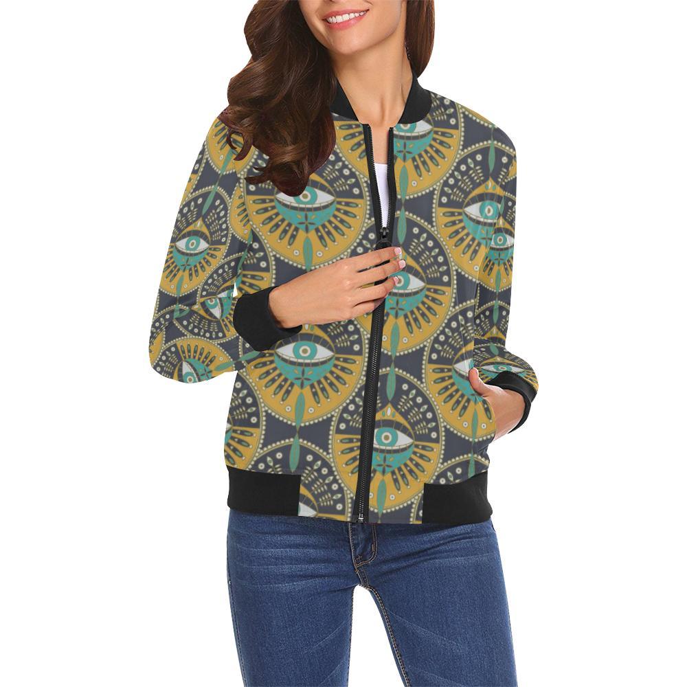 Pattern Print Evil Eye Women Casual Bomber Jacket-grizzshop