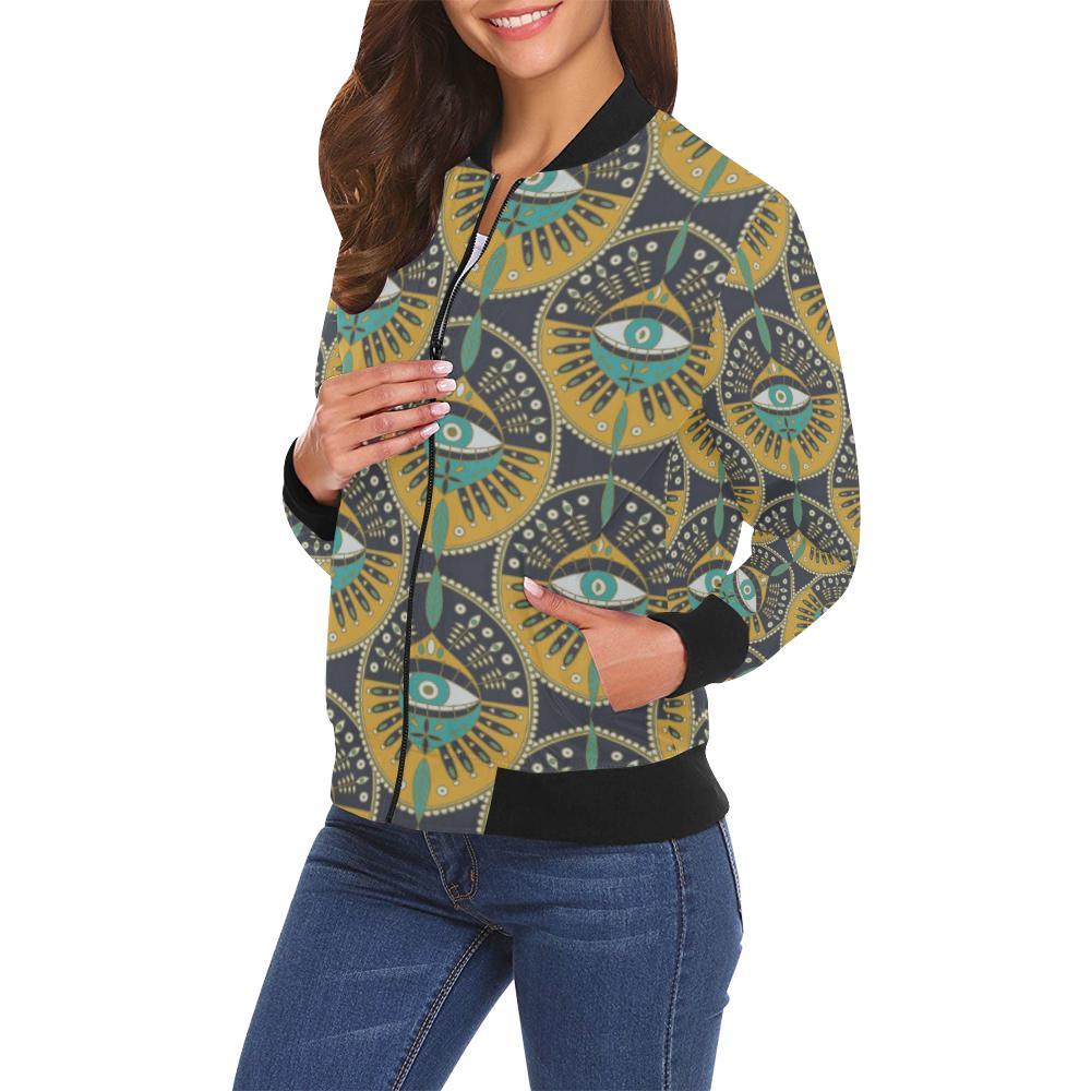 Pattern Print Evil Eye Women Casual Bomber Jacket-grizzshop