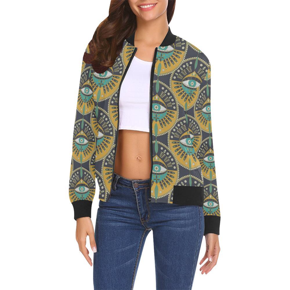 Pattern Print Evil Eye Women Casual Bomber Jacket-grizzshop