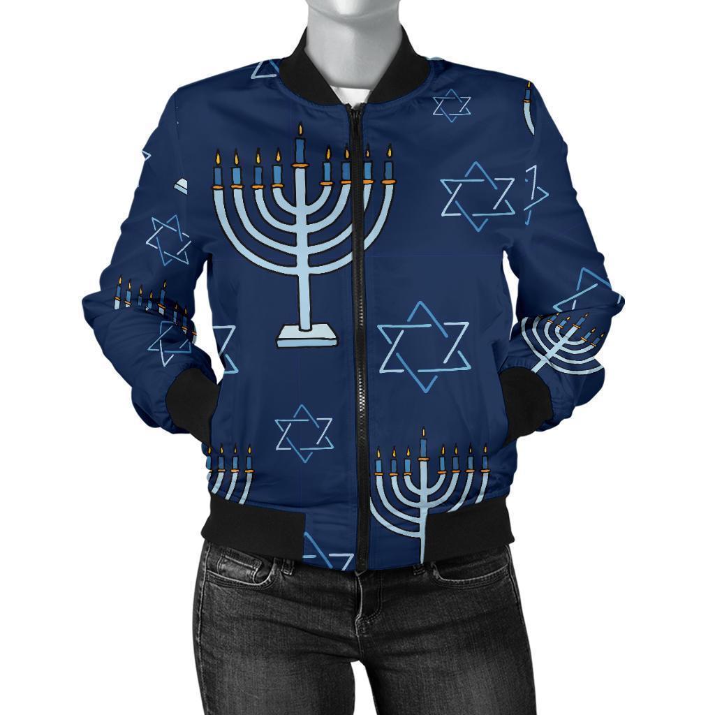 Pattern Print Hanukkah Women Casual Bomber Jacket-grizzshop