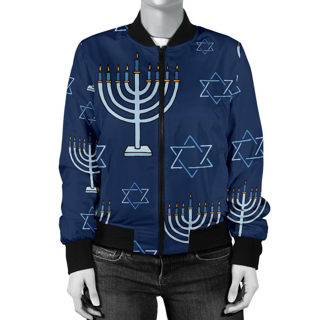 Pattern Print Hanukkah Women Casual Bomber Jacket-grizzshop