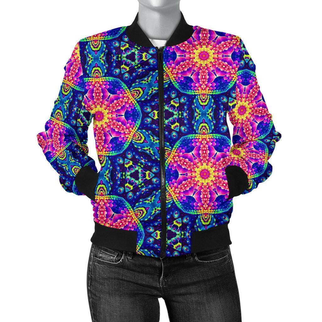 Pattern Print Kaleidoscope Women Casual Bomber Jacket-grizzshop