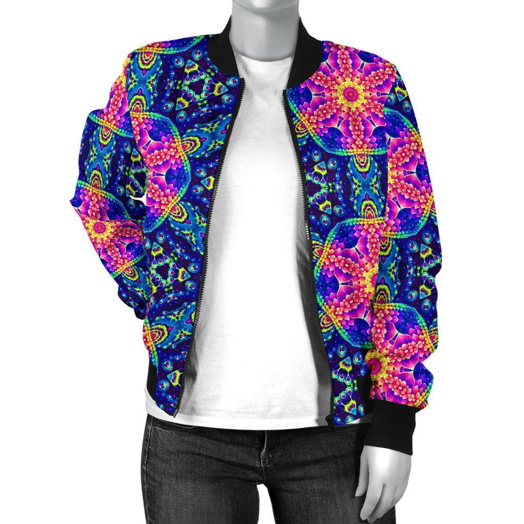 Pattern Print Kaleidoscope Women Casual Bomber Jacket-grizzshop