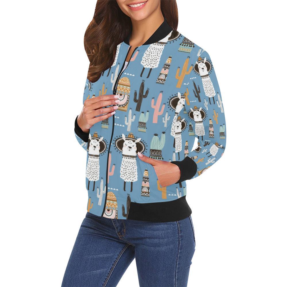 Pattern Print Llama Cactus Women Casual Bomber Jacket-grizzshop