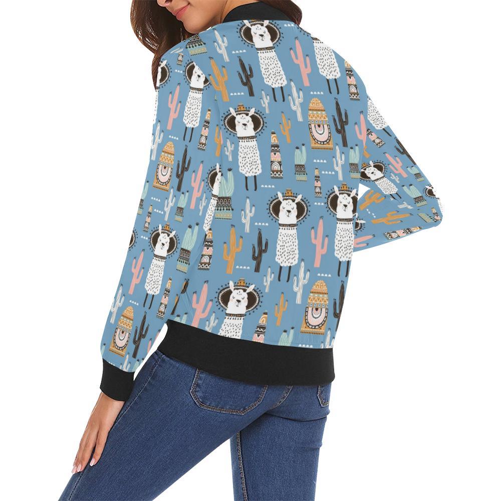 Pattern Print Llama Cactus Women Casual Bomber Jacket-grizzshop