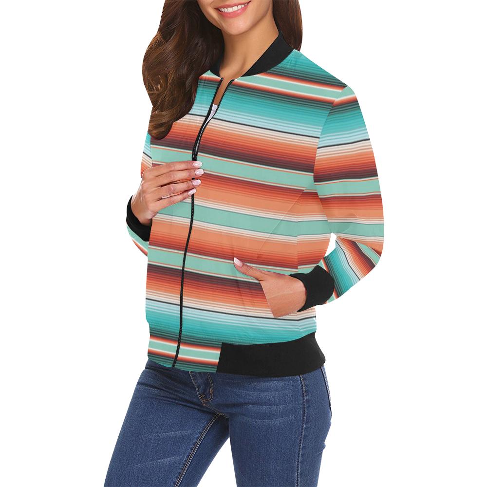 Pattern Print Mexican Blanket Baja Serape Women Casual Bomber Jacket-grizzshop