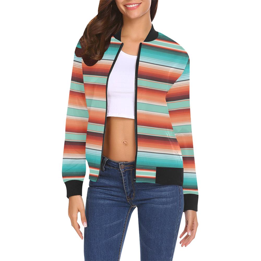 Pattern Print Mexican Blanket Baja Serape Women Casual Bomber Jacket-grizzshop