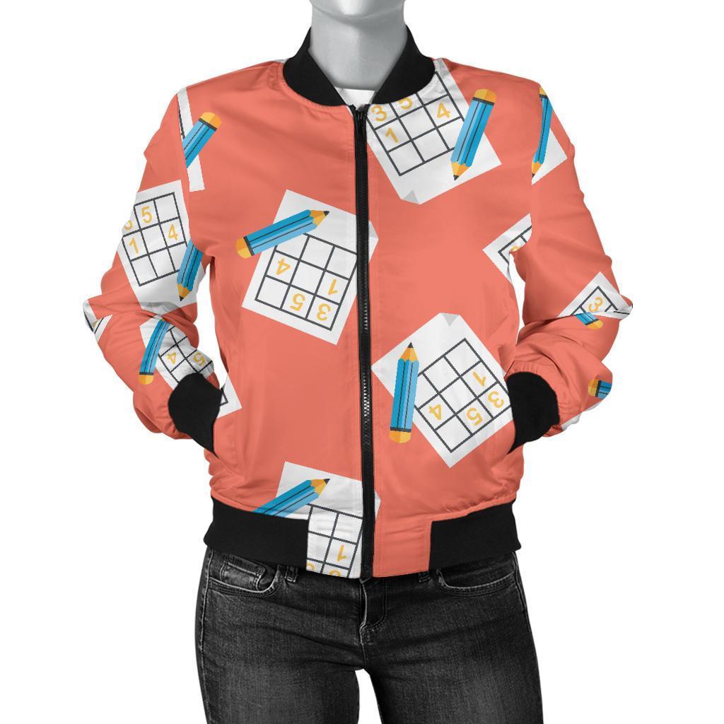 Pattern Print Sudoku Women Casual Bomber Jacket-grizzshop