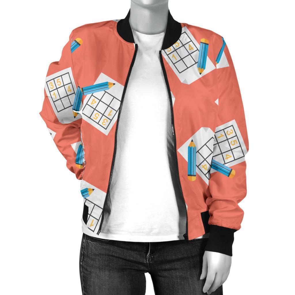 Pattern Print Sudoku Women Casual Bomber Jacket-grizzshop