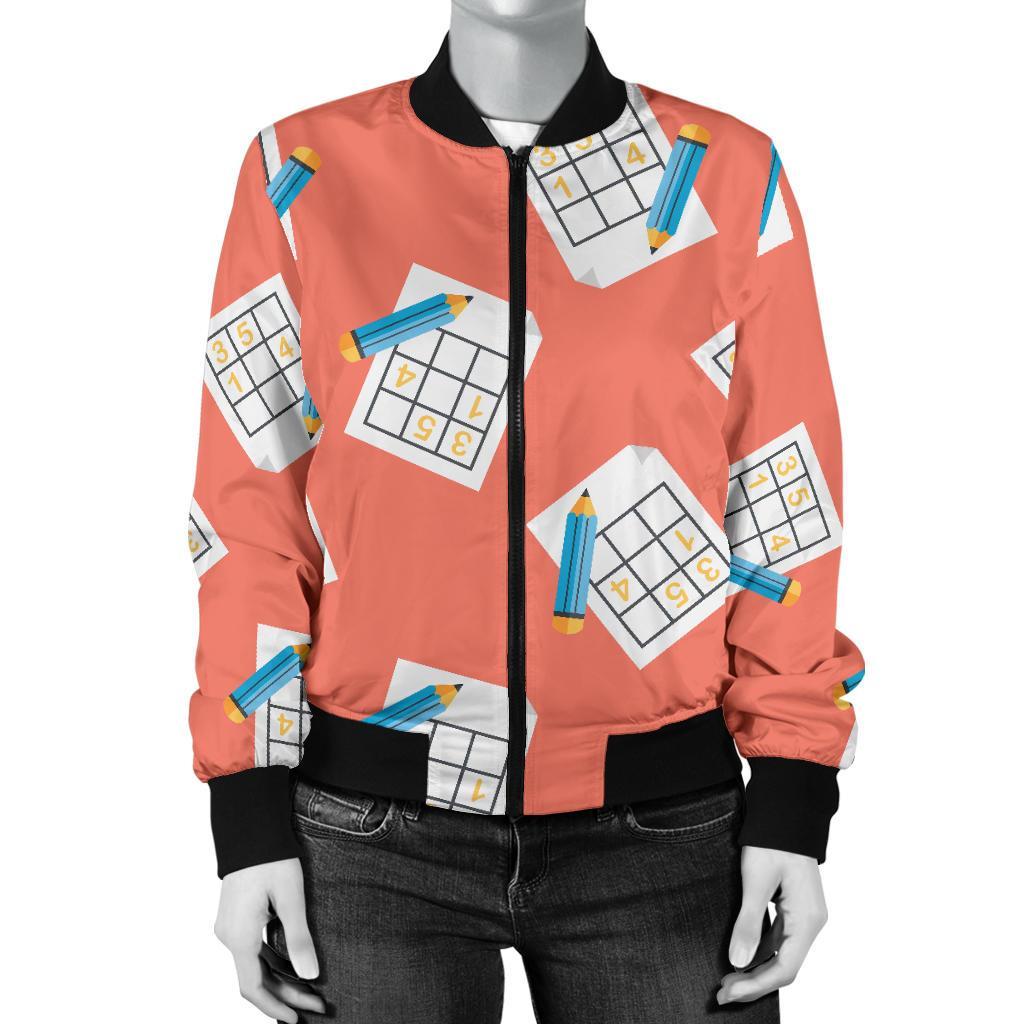 Pattern Print Sudoku Women Casual Bomber Jacket-grizzshop