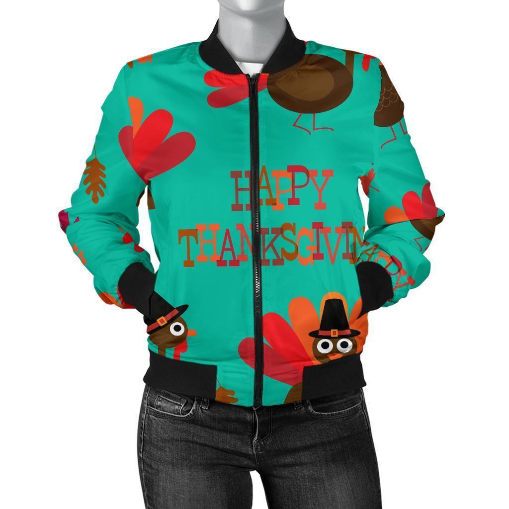 Pattern Print Turkey Thankgiving Women Casual Bomber Jacket-grizzshop