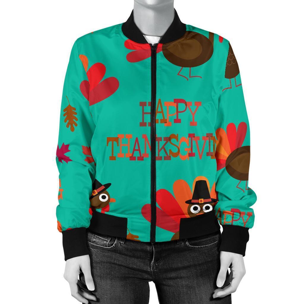 Pattern Print Turkey Thankgiving Women Casual Bomber Jacket-grizzshop