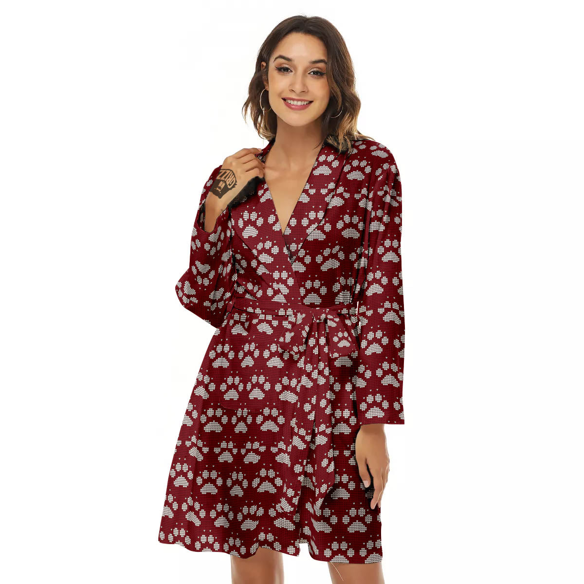 Paw Knitted Christmas Print Pattern Women's Robe-grizzshop