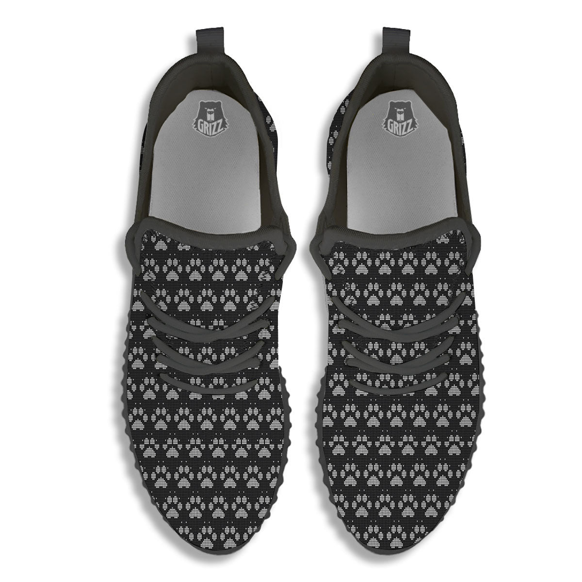 Paw Knitted White And Grey Print Pattern Black Walking Shoes-grizzshop