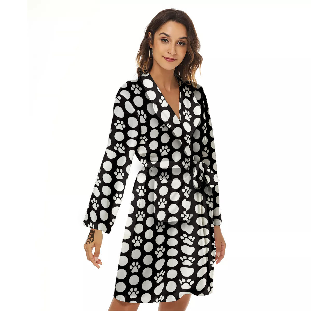 Paw Polka Dot White And Black And Print Women's Robe-grizzshop