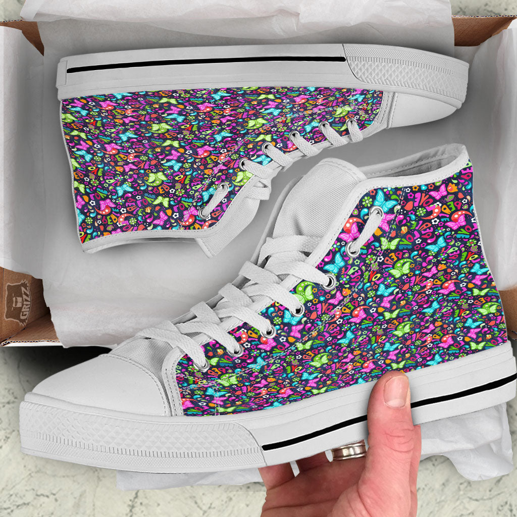 Peace Groovy Girly Print Pattern White High Top Shoes-grizzshop