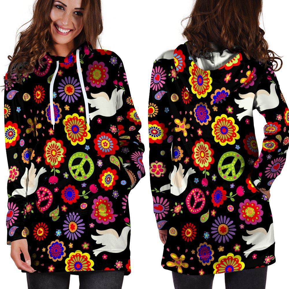 Peace Sign Hippie Hoodie Dress-grizzshop