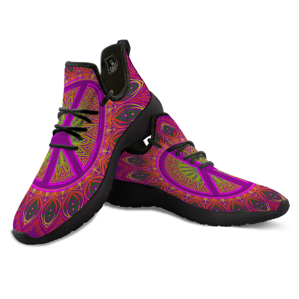 Peace Sign Psychedelic Hippie Print Black Athletic Shoes-grizzshop