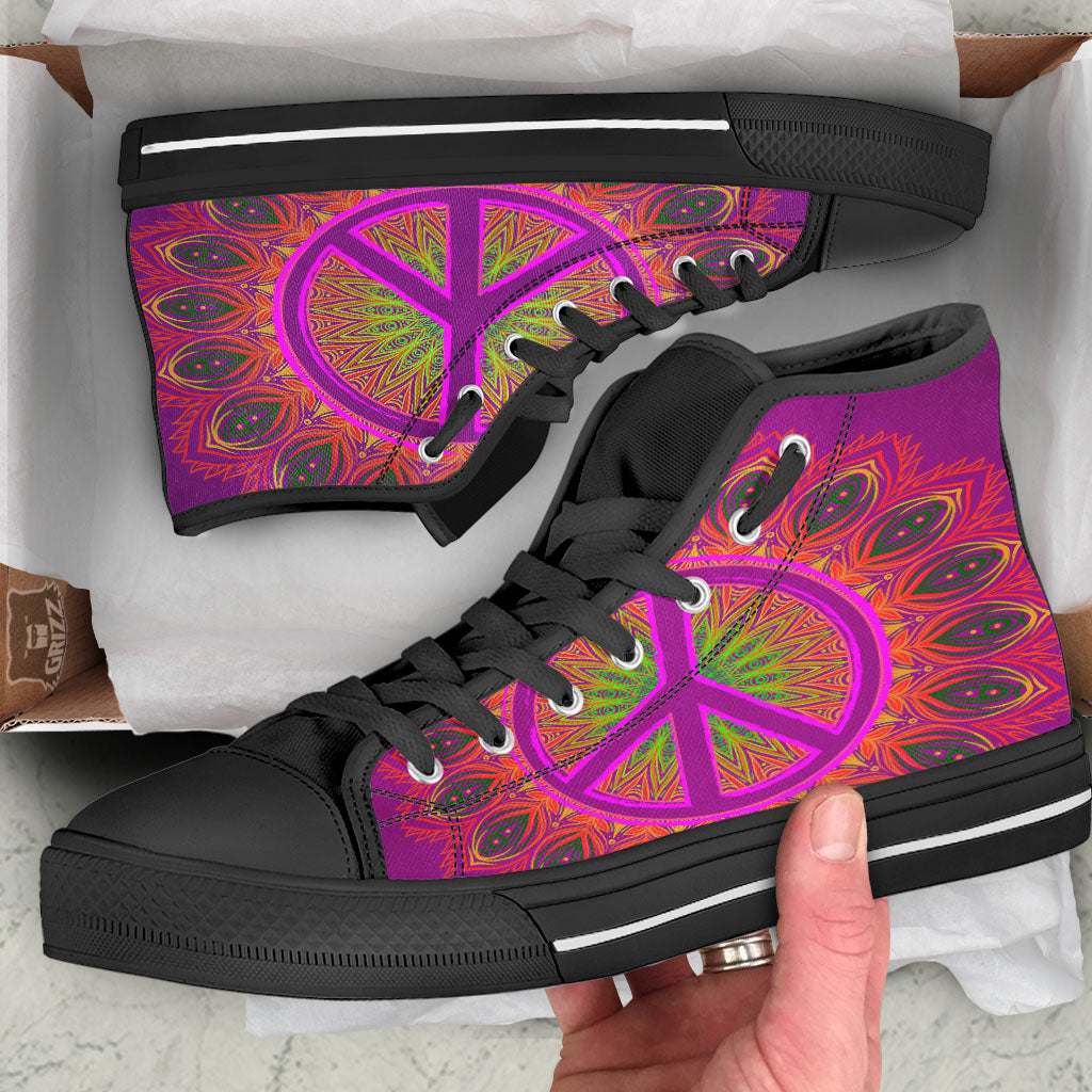 Peace Sign Psychedelic Hippie Print Black High Top Shoes-grizzshop