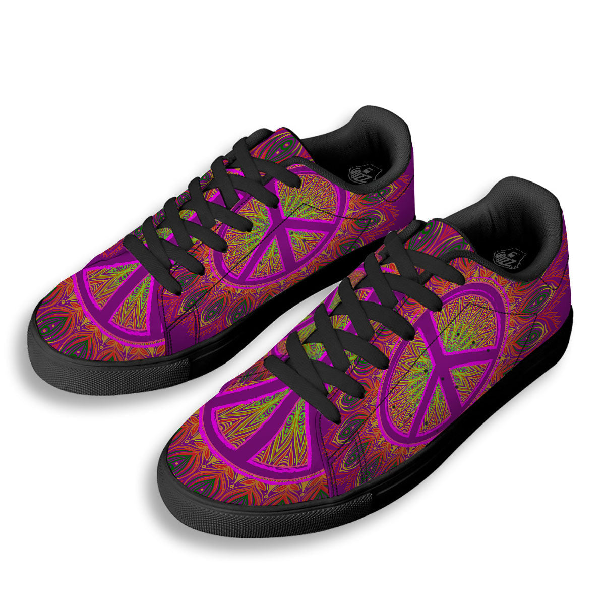 Peace Sign Psychedelic Hippie Print Black Low Top Sneakers-grizzshop