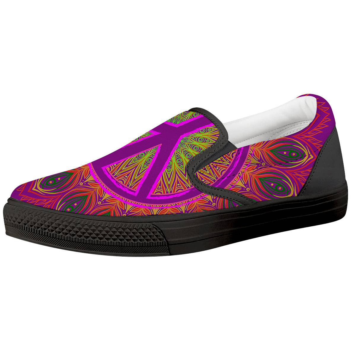 Peace Sign Psychedelic Hippie Print Black Slip On Shoes-grizzshop