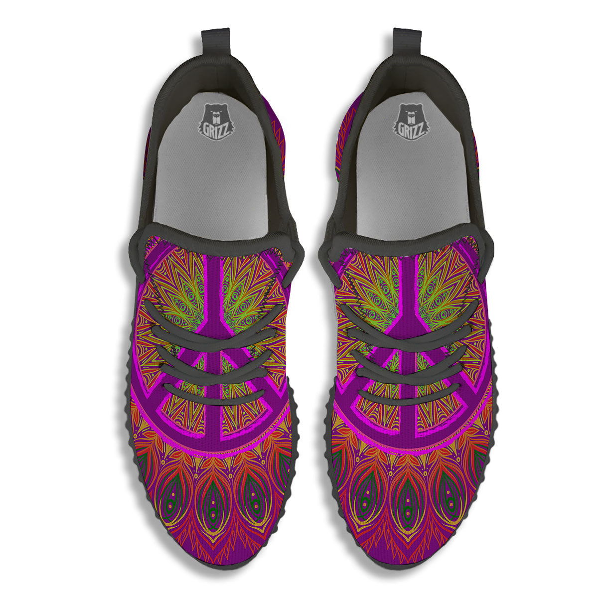 Peace Sign Psychedelic Hippie Print Black Walking Shoes-grizzshop