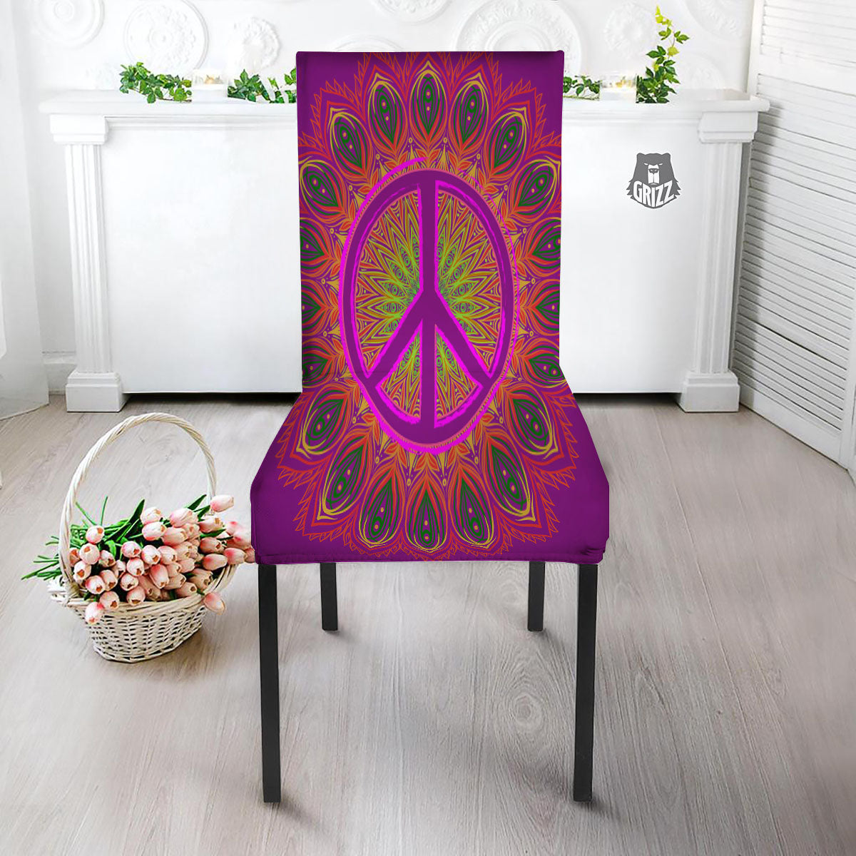 Peace Sign Psychedelic Hippie Print Dining Chair Slipcover-grizzshop