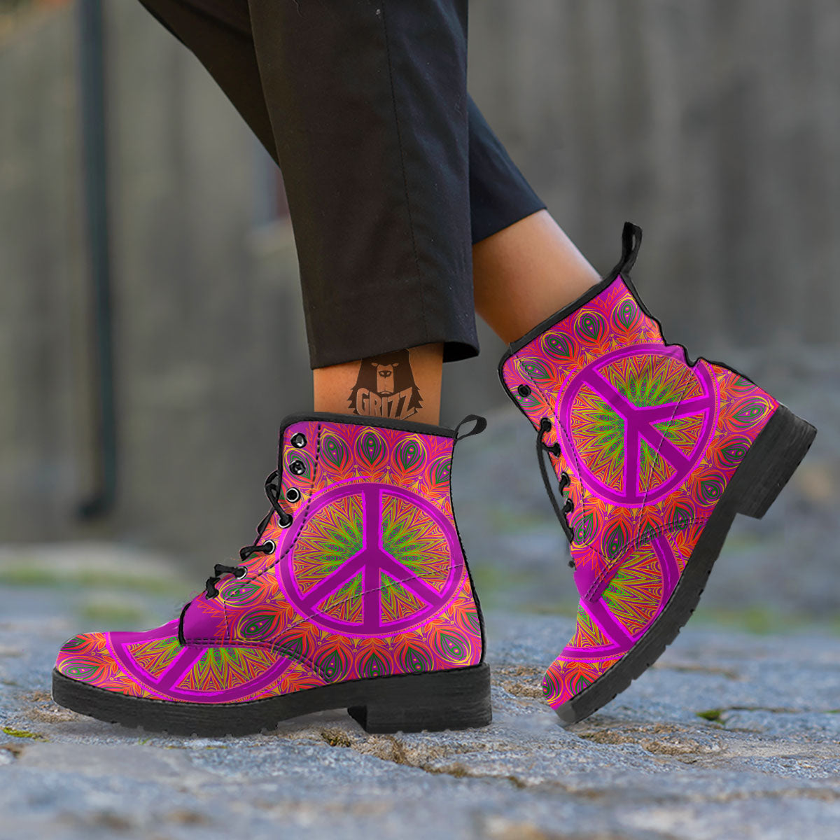Peace Sign Psychedelic Hippie Print Leather Boots-grizzshop