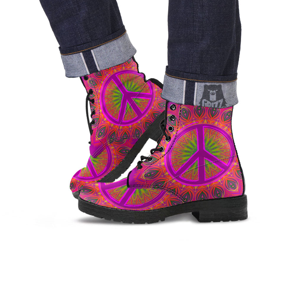 Peace Sign Psychedelic Hippie Print Leather Boots-grizzshop