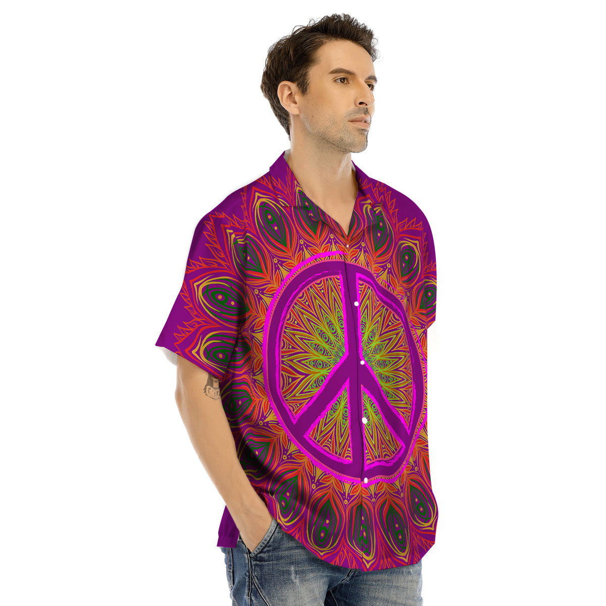 Peace Sign Psychedelic Hippie Print Men's Hawaiian Shirt-grizzshop