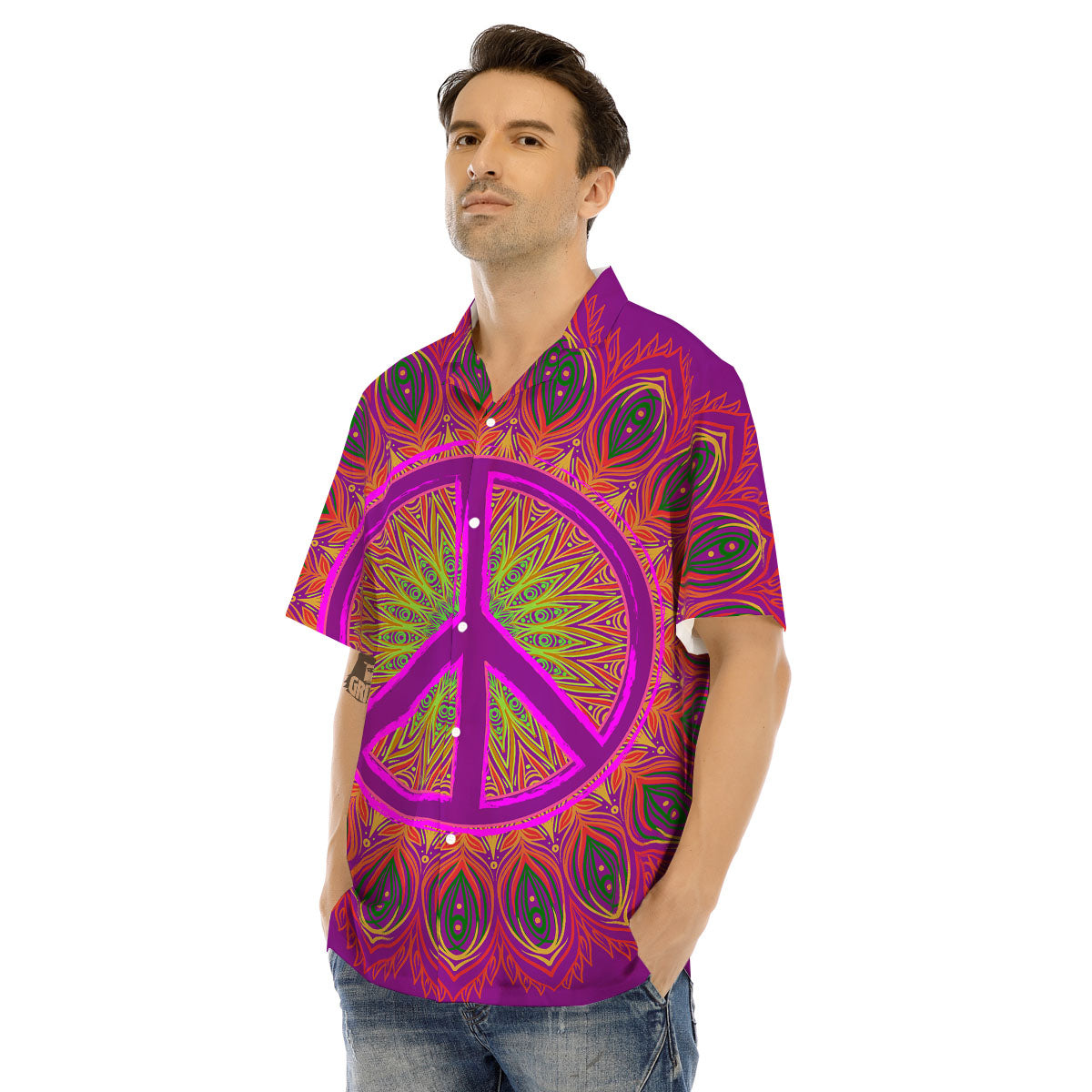 Peace Sign Psychedelic Hippie Print Men's Hawaiian Shirt-grizzshop