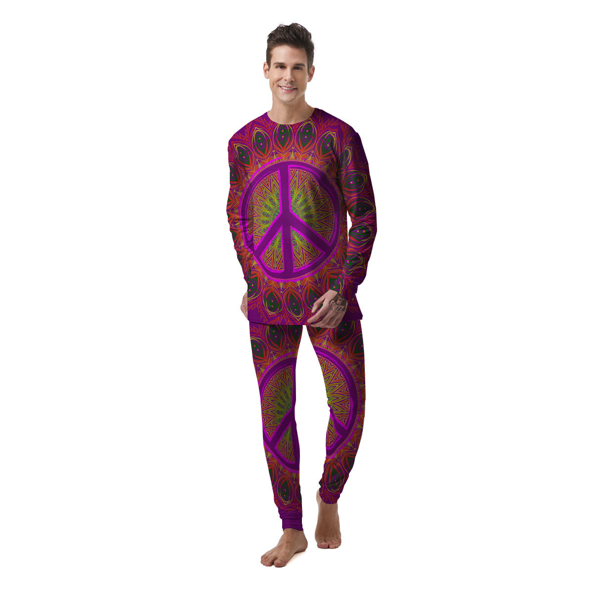 Peace Sign Psychedelic Hippie Print Men's Pajamas-grizzshop