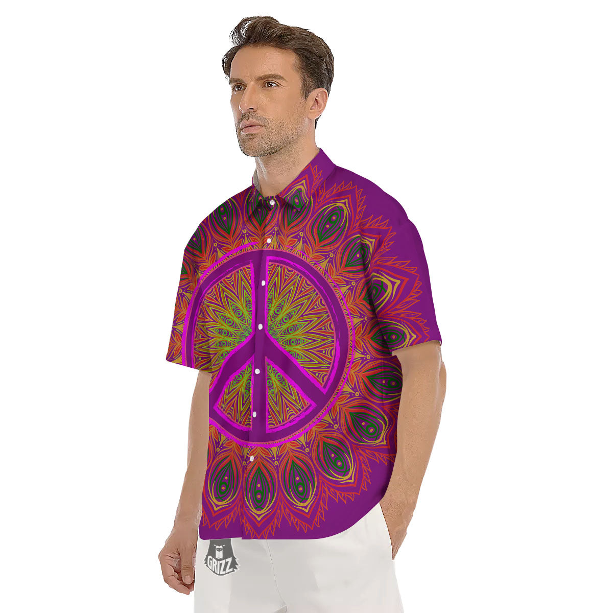 Peace Sign Psychedelic Hippie Print Men's Short Sleeve Shirts-grizzshop