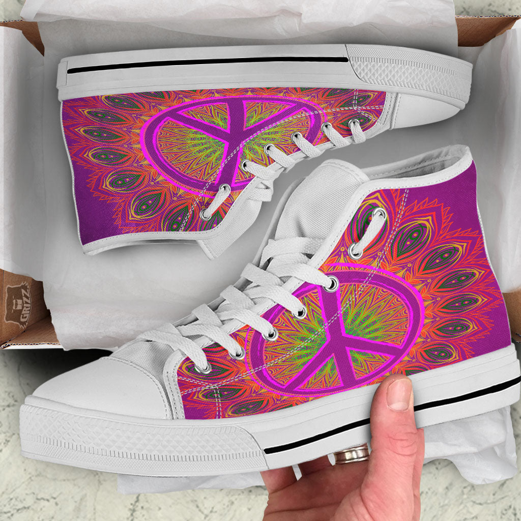 Peace Sign Psychedelic Hippie Print White High Top Shoes-grizzshop