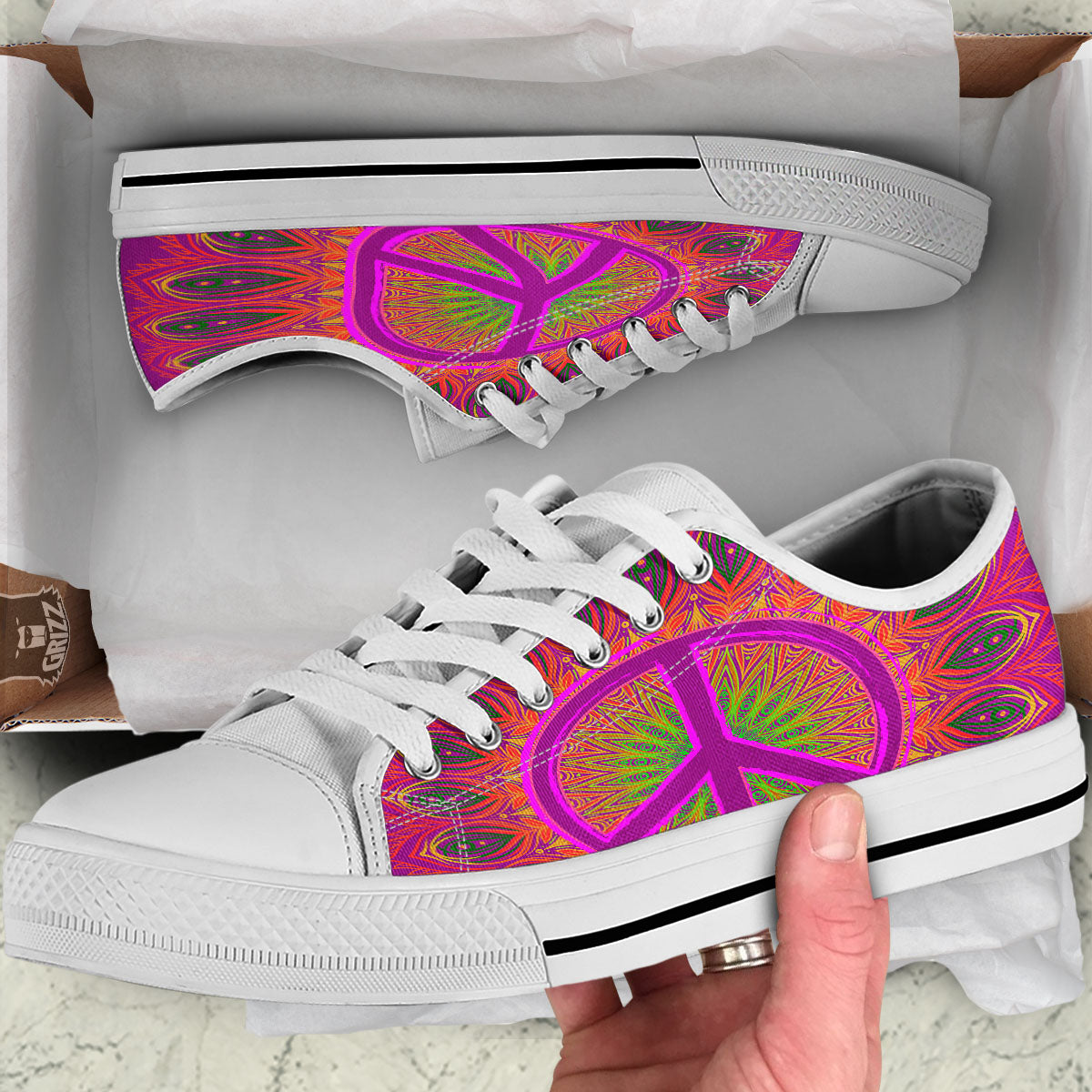 Peace Sign Psychedelic Hippie Print White Low Top Shoes-grizzshop