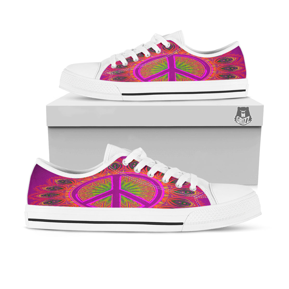 Peace Sign Psychedelic Hippie Print White Low Top Shoes-grizzshop