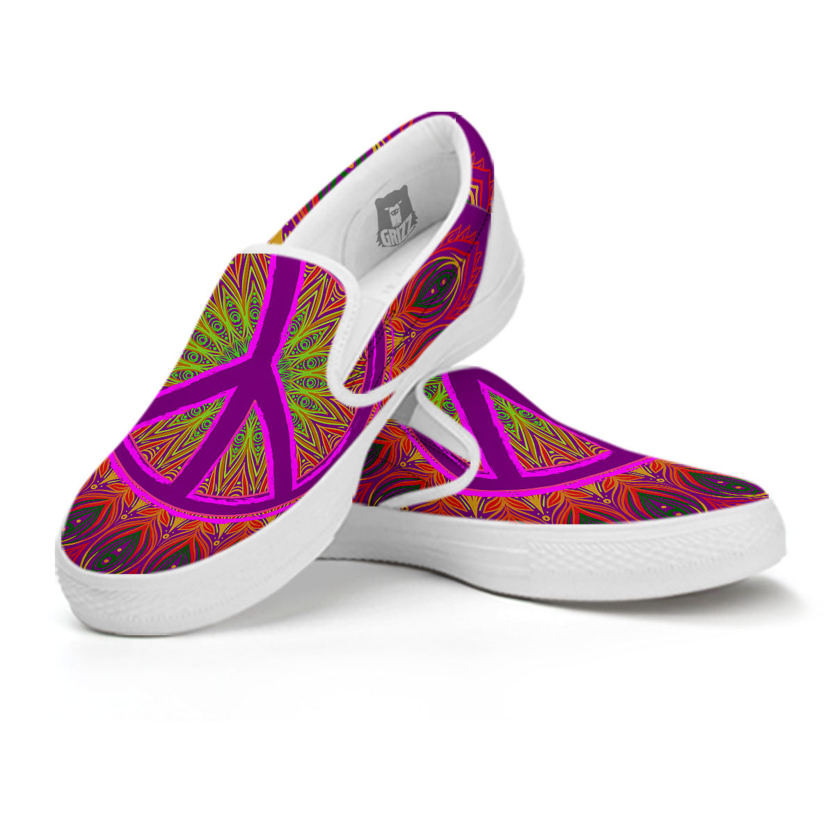 Peace Sign Psychedelic Hippie Print White Slip On Shoes-grizzshop