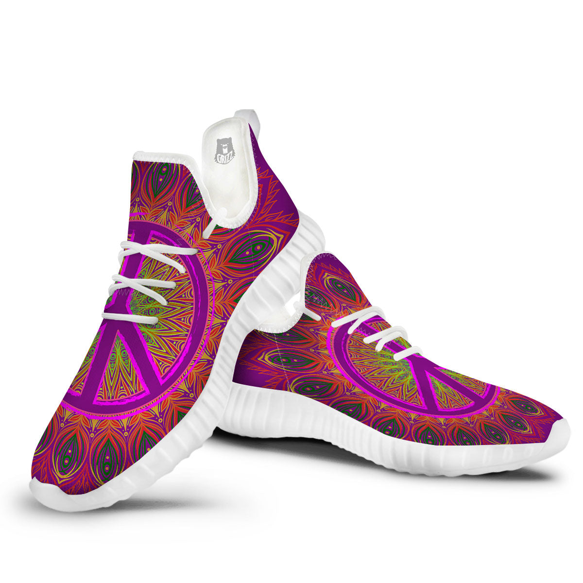 Peace Sign Psychedelic Hippie Print White Walking Shoes-grizzshop