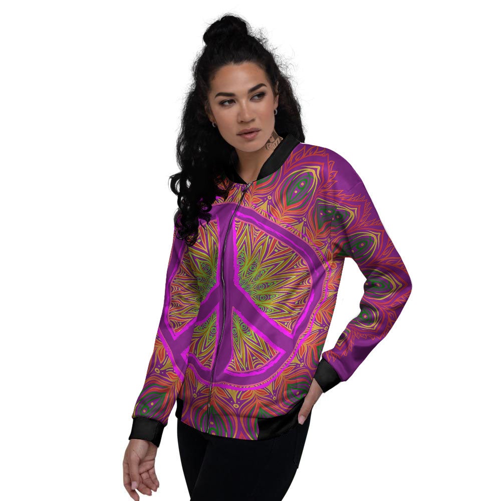 Peace Sign Psychedelic Hippie Print Women's Bomber Jacket-grizzshop