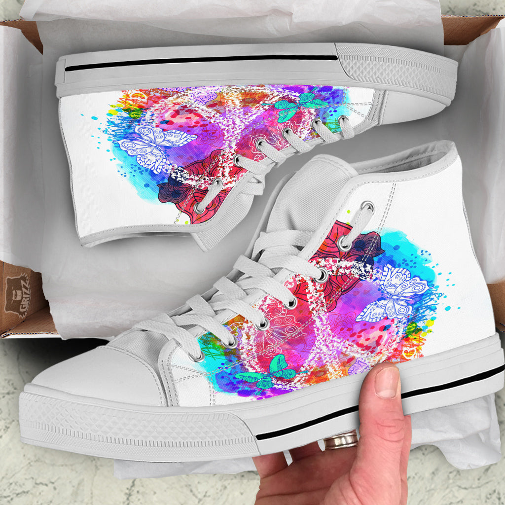 Peace Signs Colorful Hippie Print White High Top Shoes-grizzshop