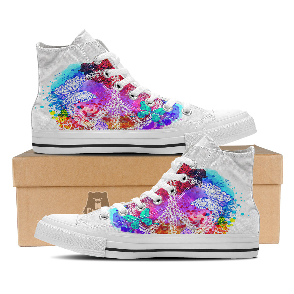 Peace Signs Colorful Hippie Print White High Top Shoes-grizzshop