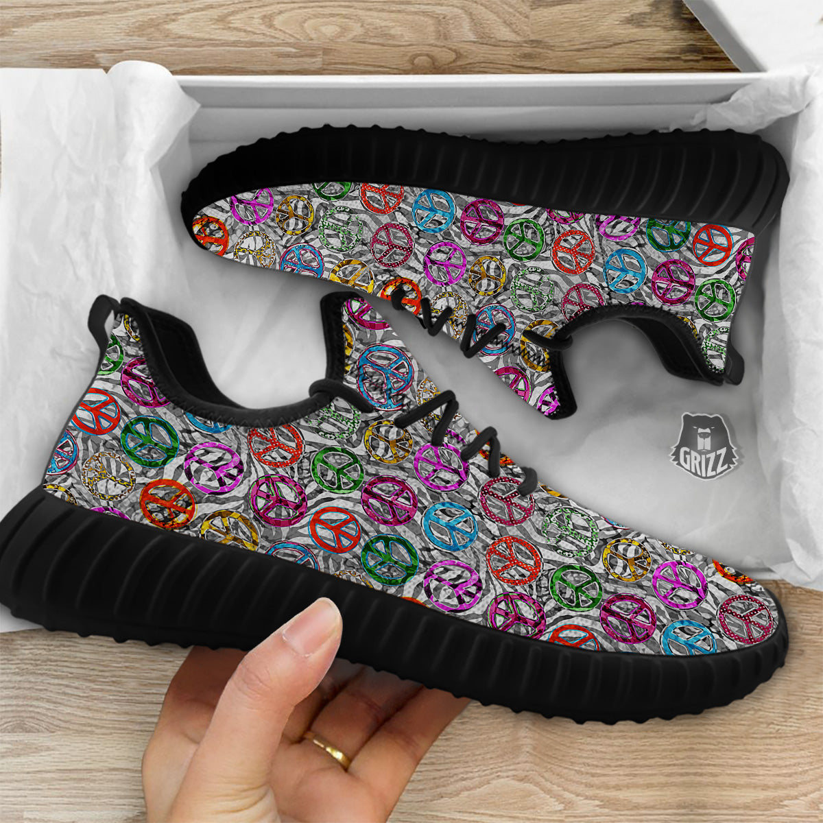 Peace Signs Zebra Print Pattern Black Walking Shoes-grizzshop