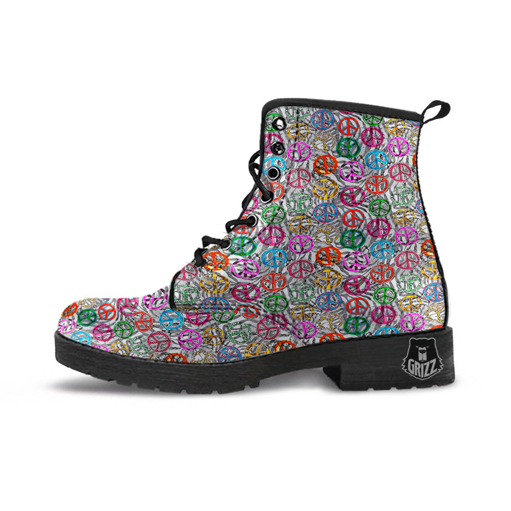 Peace Signs Zebra Print Pattern Leather Boots-grizzshop