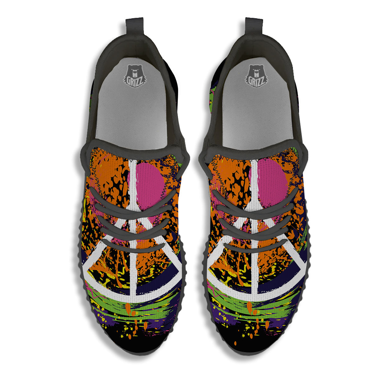 Peace Symbols Colorful Hippie Print Black Walking Shoes-grizzshop