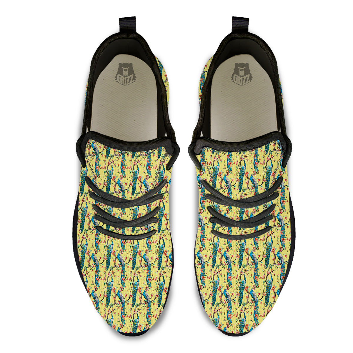 Peacock Cherry Blossom Print Black Athletic Shoes-grizzshop