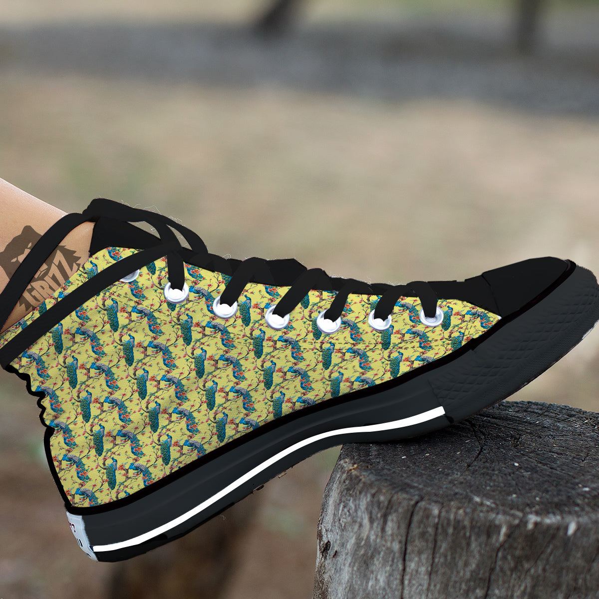 Peacock Cherry Blossom Print Black High Top Shoes-grizzshop