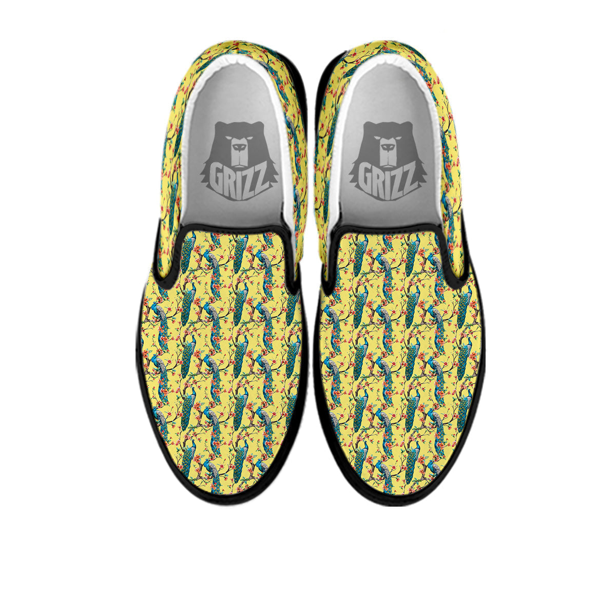 Peacock Cherry Blossom Print Black Slip On Shoes-grizzshop