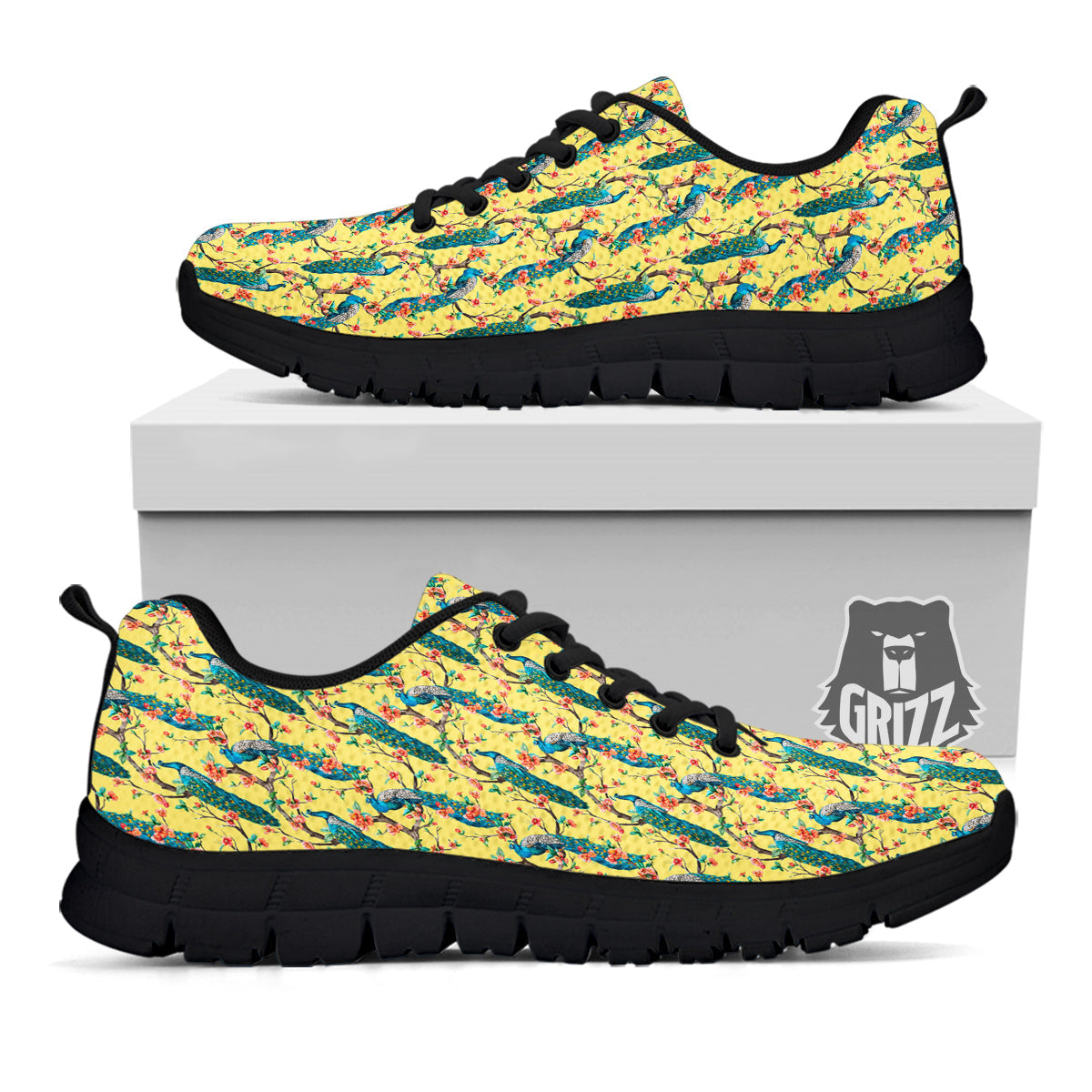 Peacock Cherry Blossom Print Black Sneaker-grizzshop