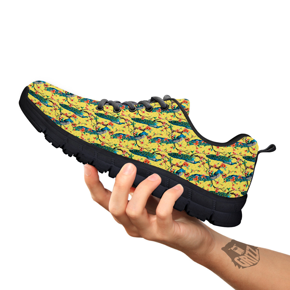 Peacock Cherry Blossom Print Black Sneaker-grizzshop